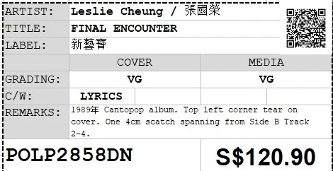 [Pre-owned] Leslie Cheung / 張國榮 - FINAL ENCOUNTER LP 33⅓rpm (Out Of Print) - Image 2